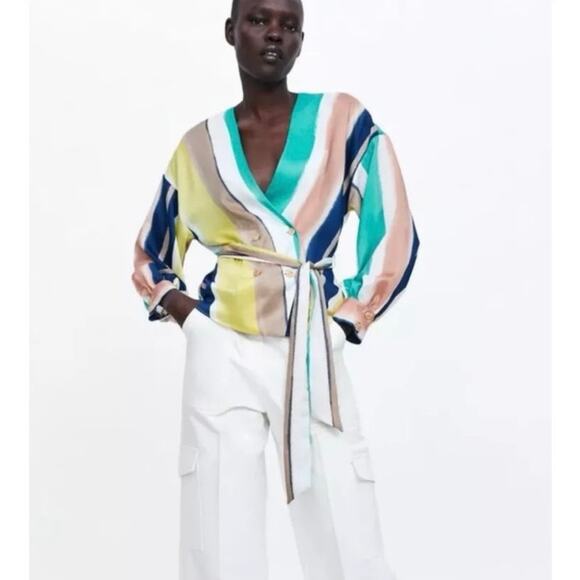 ZARA Striped Double Breasted Wrap Blouse Size Medium - Picture 1 of 7